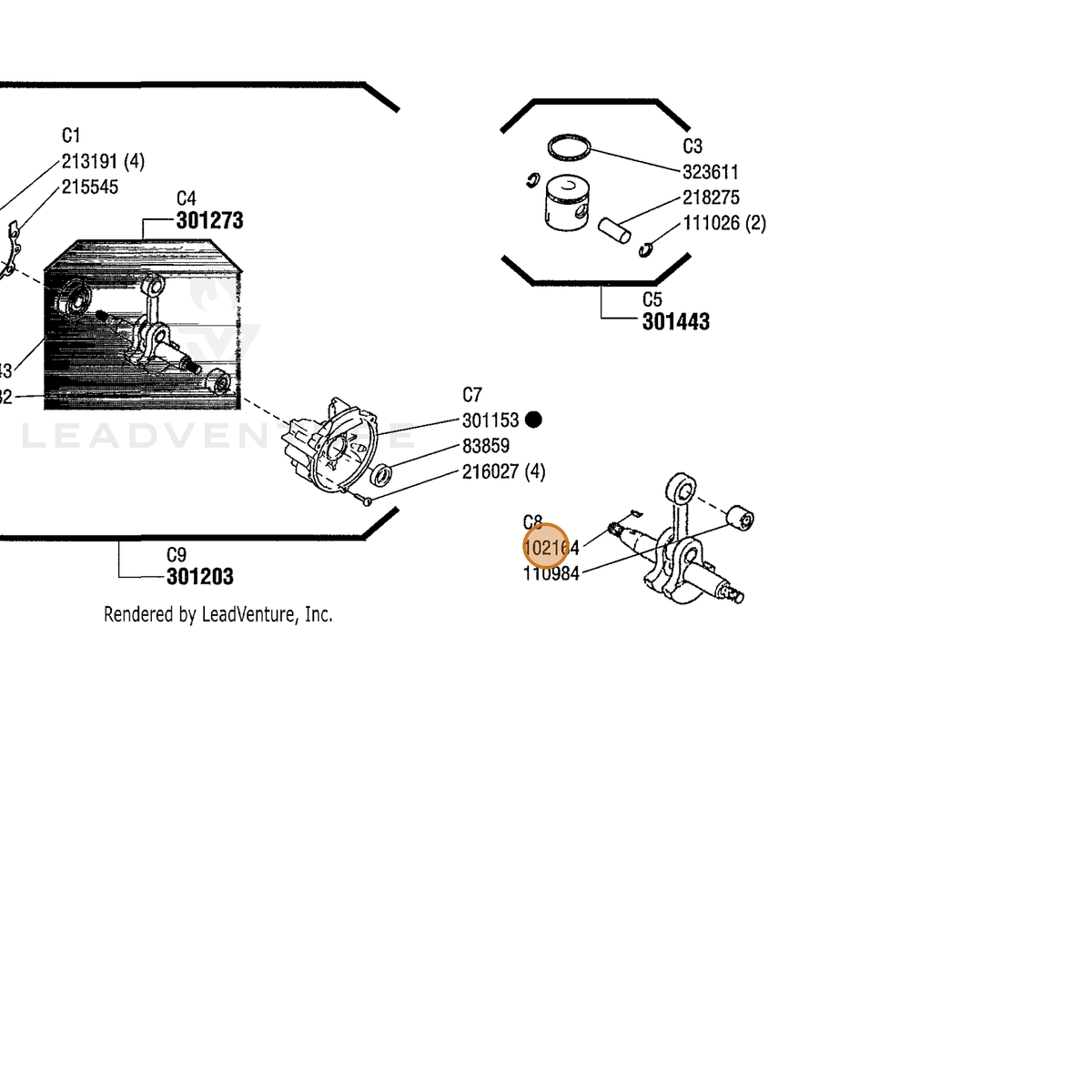 ECHO part 102164 — IPL diagram snippet (6x zoom, amber highlight)