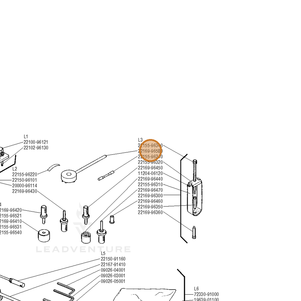 ECHO part 22169-96580 — IPL diagram snippet (6x zoom, amber highlight)