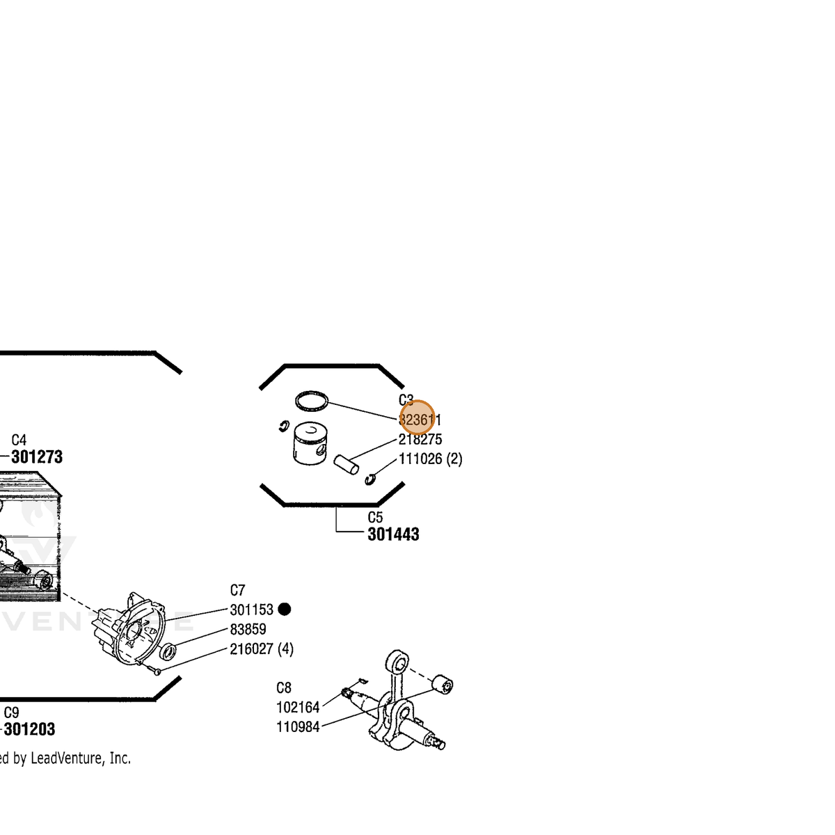 ECHO part 323611 — IPL diagram snippet (6x zoom, amber highlight)