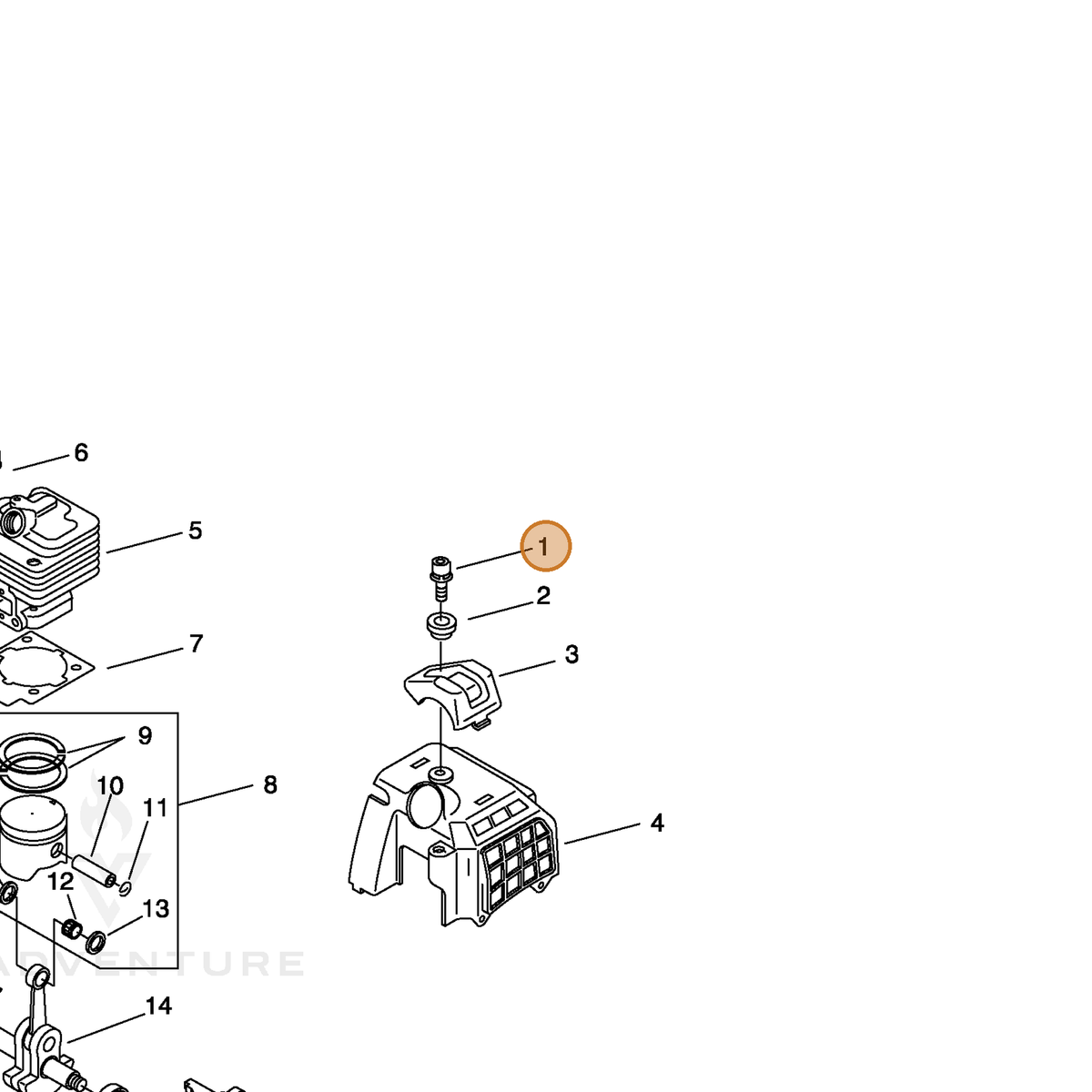 ECHO part 9112105020 — IPL diagram snippet (6x zoom, amber highlight)