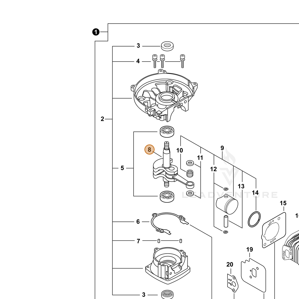 ECHO part A011000223 — IPL diagram snippet (6x zoom, amber highlight)
