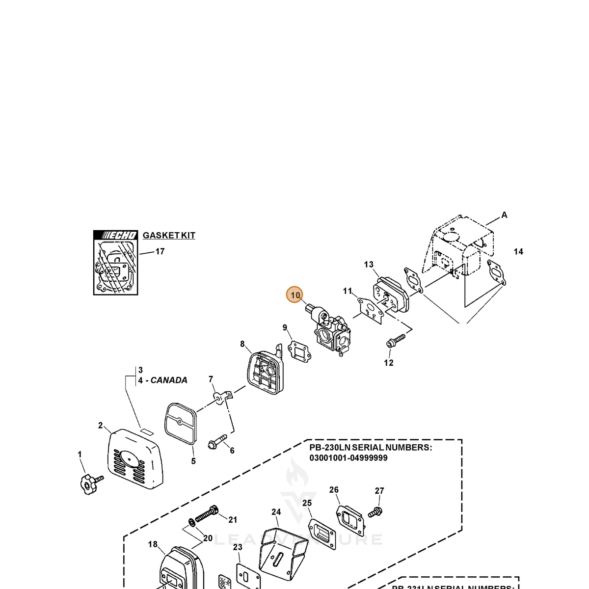 ECHO part A021000133 — IPL diagram snippet (6x zoom, amber highlight)