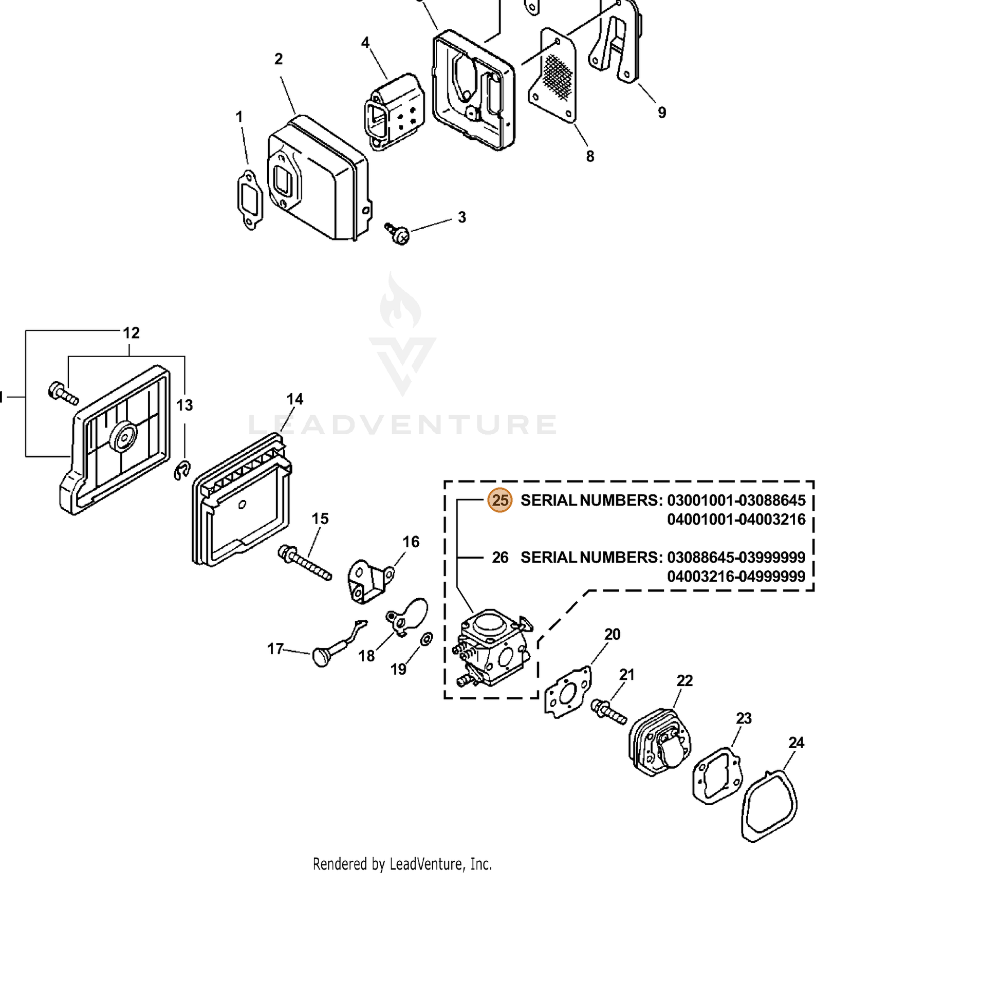 ECHO part A021000232 — IPL diagram snippet (6x zoom, amber highlight)