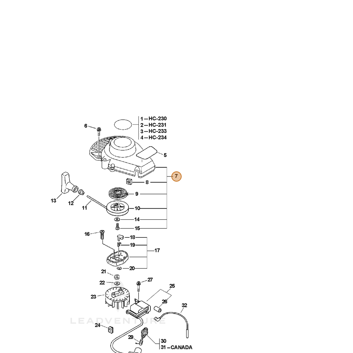 ECHO part A051000020 — IPL diagram snippet (6x zoom, amber highlight)