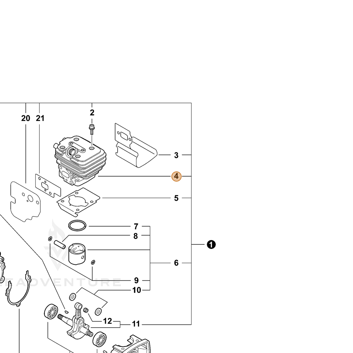 ECHO part A130001020 — IPL diagram snippet (6x zoom, amber highlight)