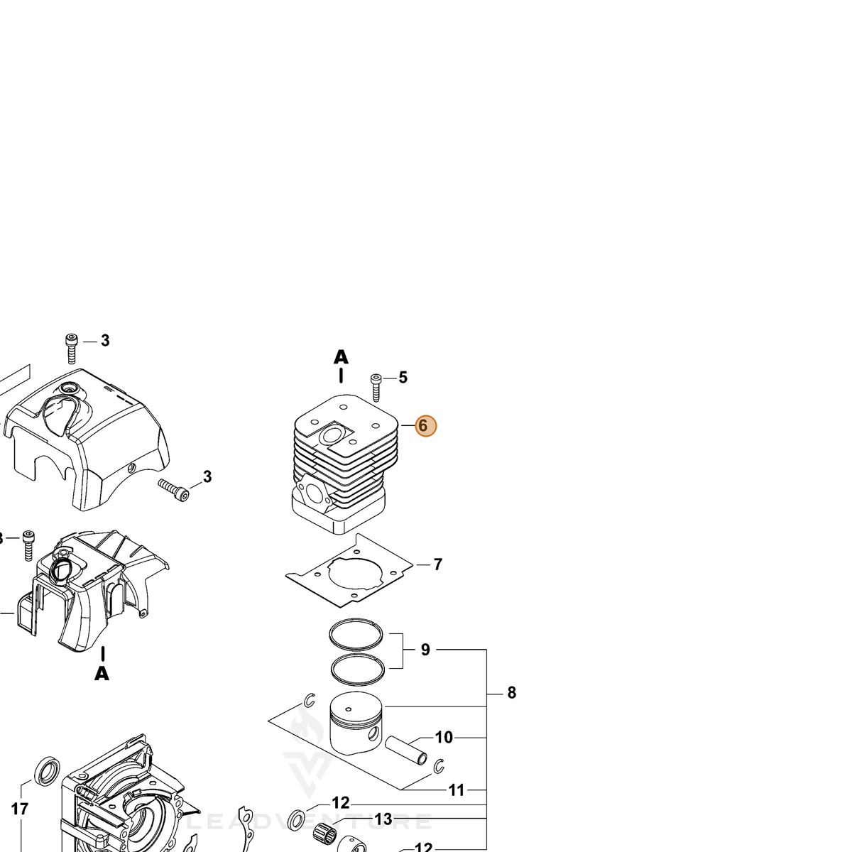 ECHO part A130002070 — IPL diagram snippet (6x zoom, amber highlight)