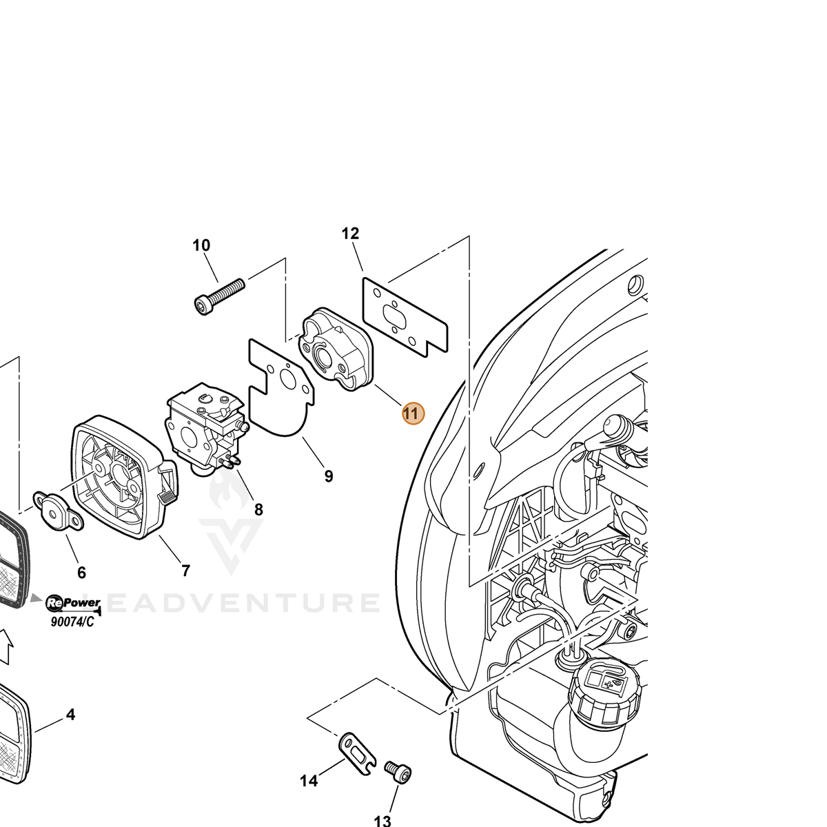 ECHO part A200000370 — IPL diagram snippet (6x zoom, amber highlight)
