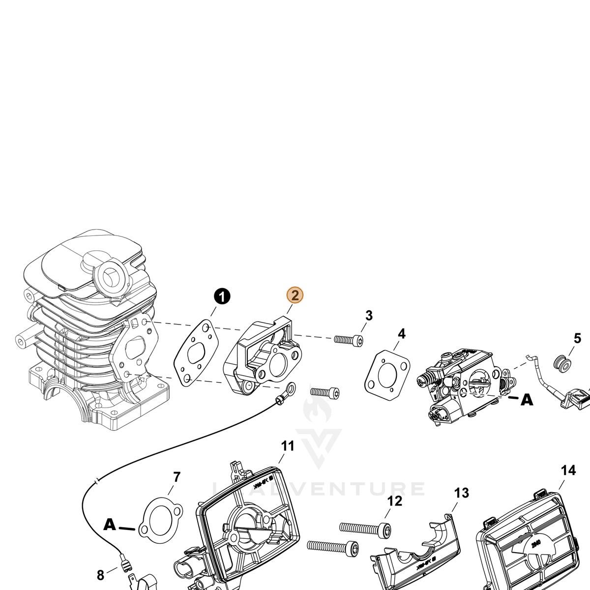 ECHO part A200001301 — IPL diagram snippet (6x zoom, amber highlight)
