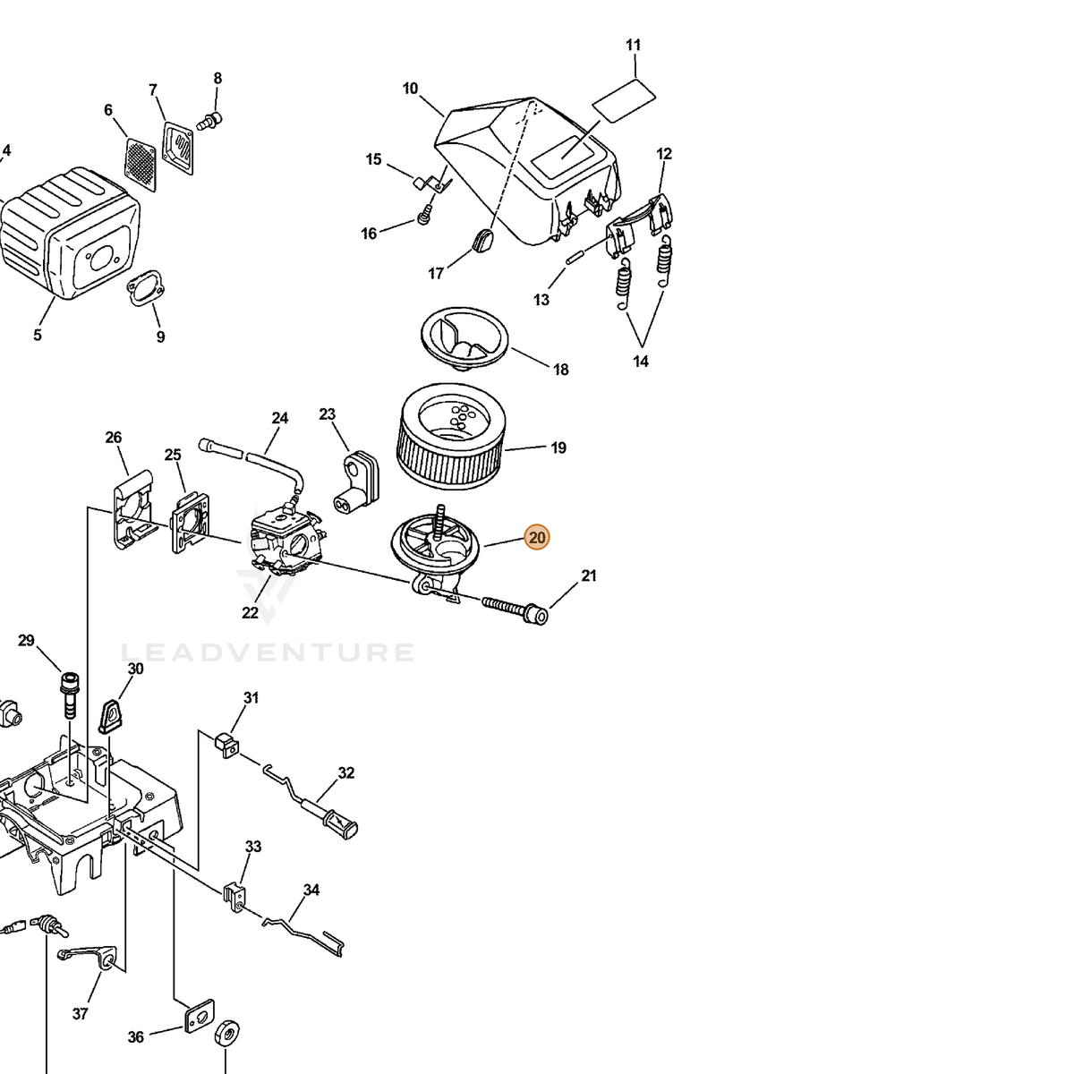 ECHO part A204000020 — IPL diagram snippet (6x zoom, amber highlight)