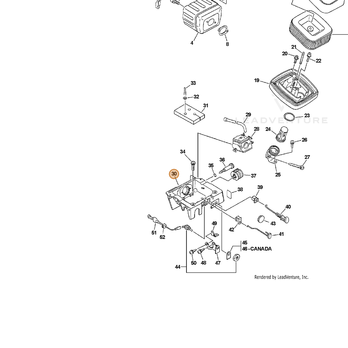 ECHO part A220000020 — IPL diagram snippet (6x zoom, amber highlight)