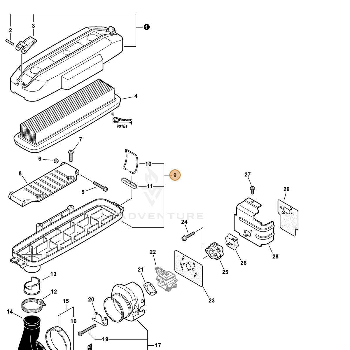 ECHO part A225000310 — IPL diagram snippet (6x zoom, amber highlight)