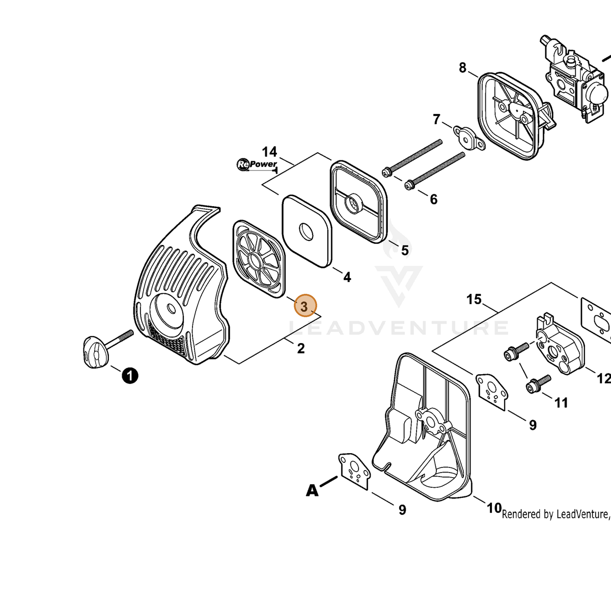 ECHO part A227000001 — IPL diagram snippet (6x zoom, amber highlight)