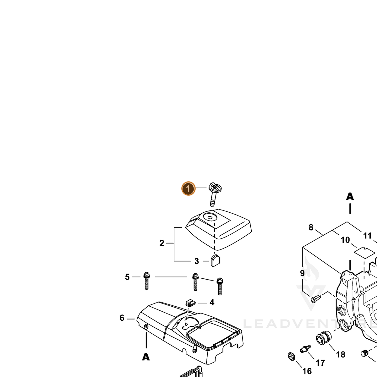 ECHO part A235000020 — IPL diagram snippet (6x zoom, amber highlight)