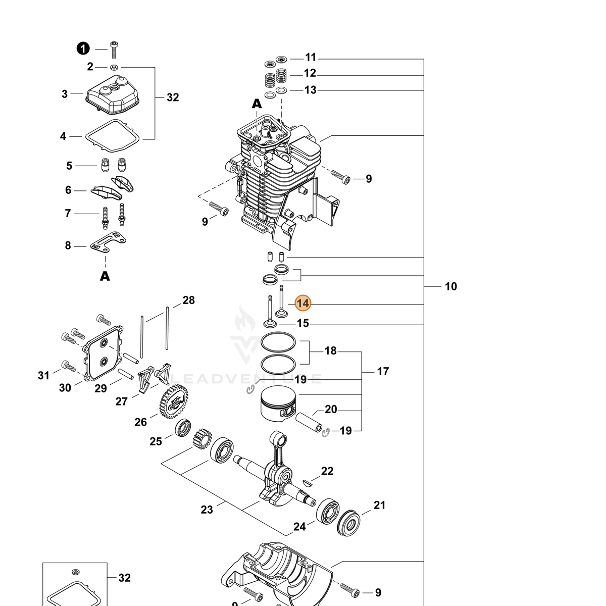 Echo part A603000140 — IPL diagram snippet (6x zoom, amber highlight)