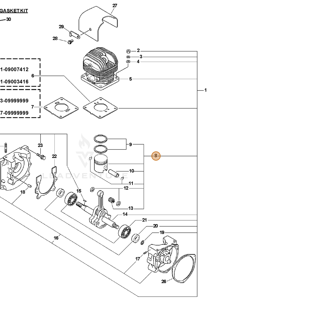 ECHO part P021002380 — IPL diagram snippet (6x zoom, amber highlight)