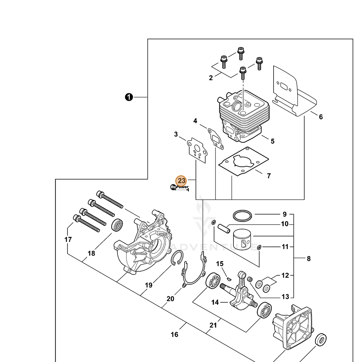 ECHO part P021013800 — IPL diagram snippet (6x zoom, amber highlight)