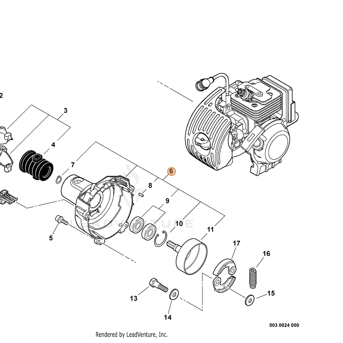 ECHO part P021038020 — IPL diagram snippet (6x zoom, amber highlight)
