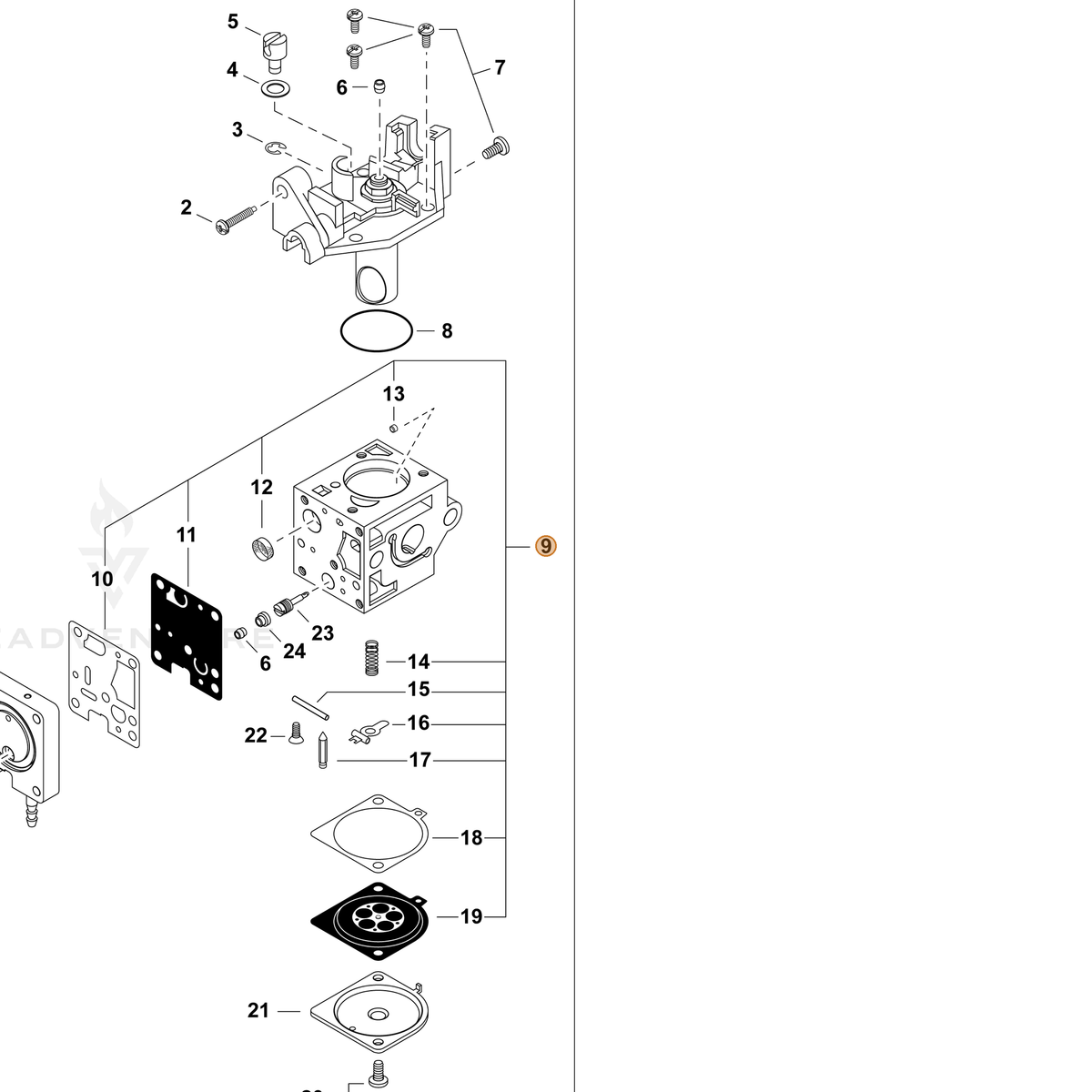 Echo part P021055830 — IPL diagram snippet (6x zoom, amber highlight)