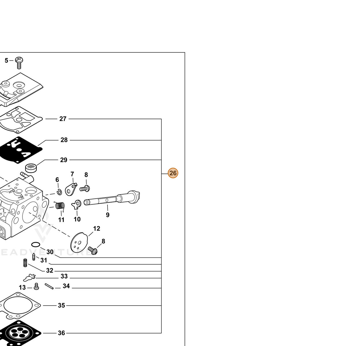 ECHO part P033000020 — IPL diagram snippet (6x zoom, amber highlight)
