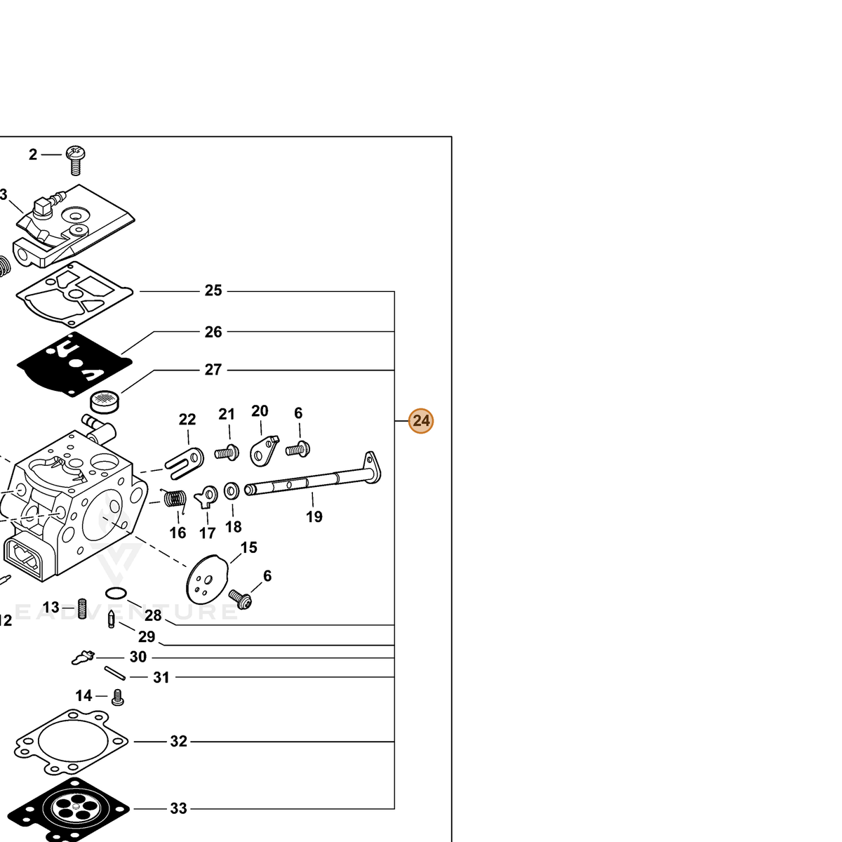 ECHO part P033000030 — IPL diagram snippet (6x zoom, amber highlight)