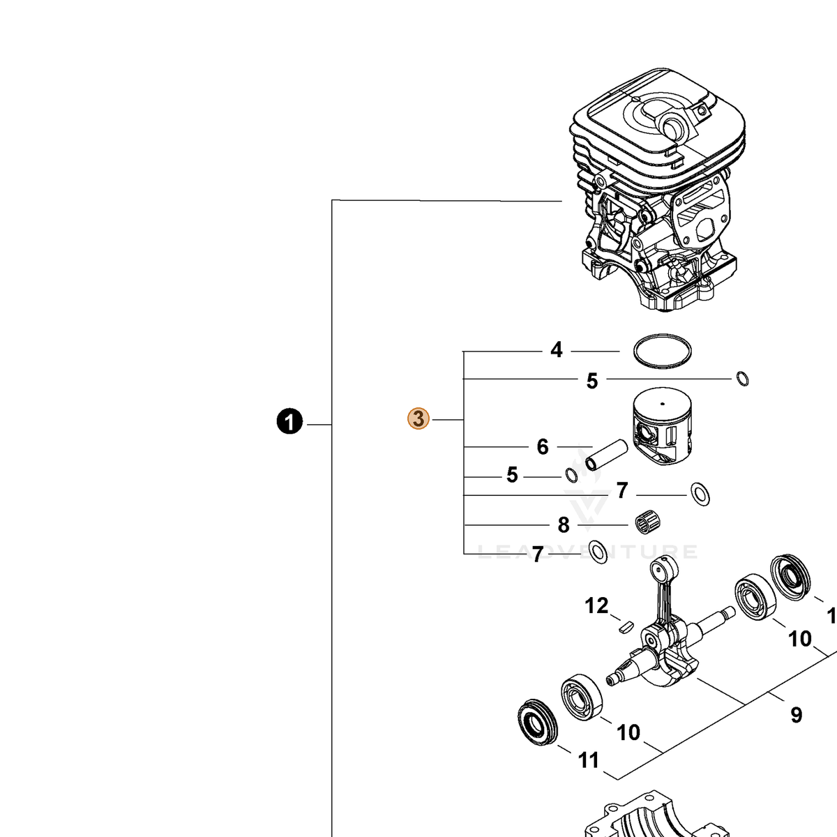 ECHO part P100012500 — IPL diagram snippet (6x zoom, amber highlight)