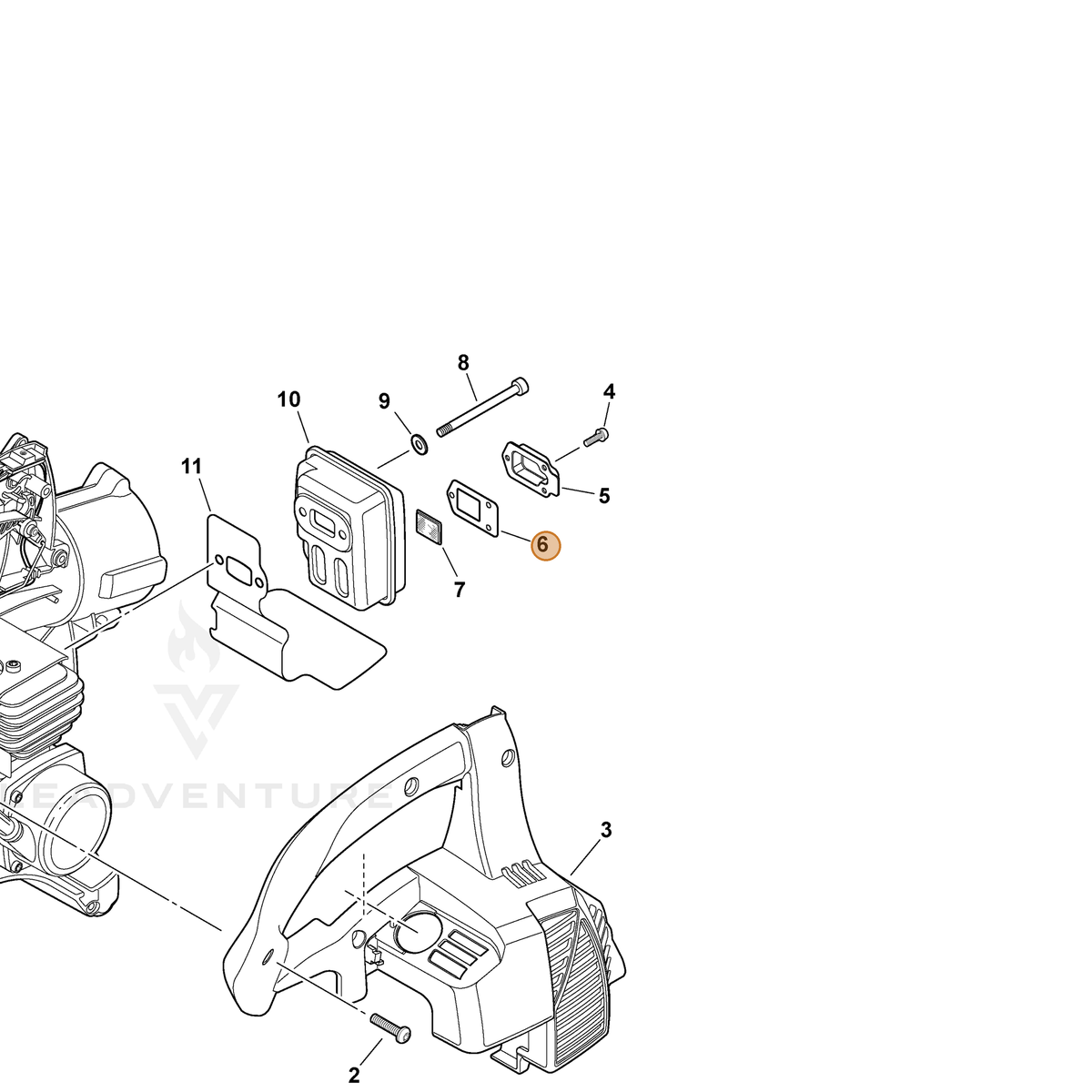 ECHO part V104002010 — IPL diagram snippet (6x zoom, amber highlight)