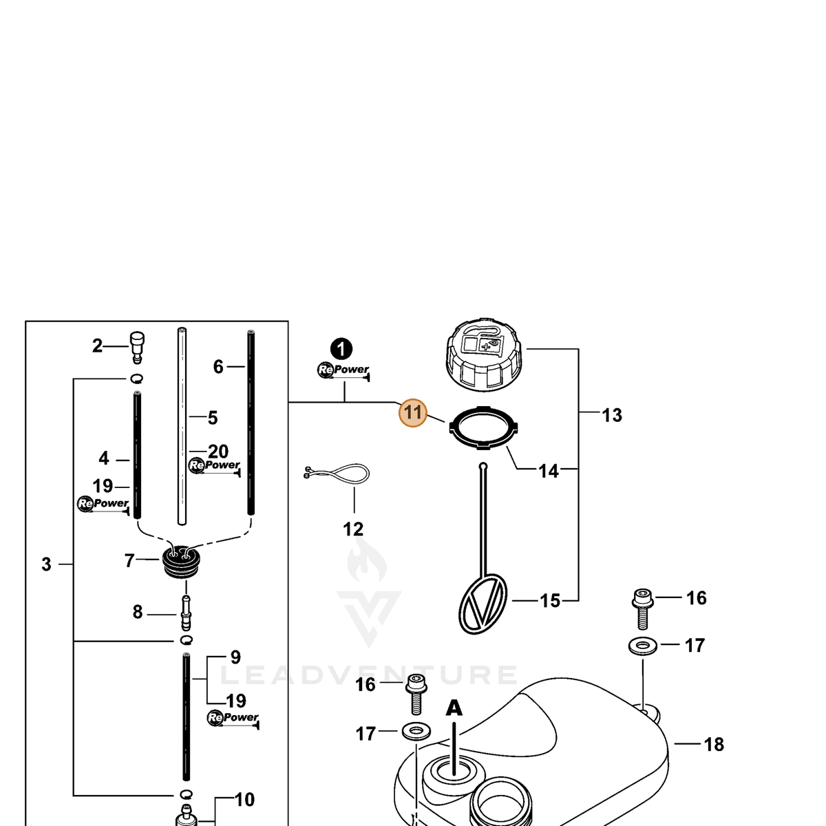 ECHO part V107000150 — IPL diagram snippet (6x zoom, amber highlight)