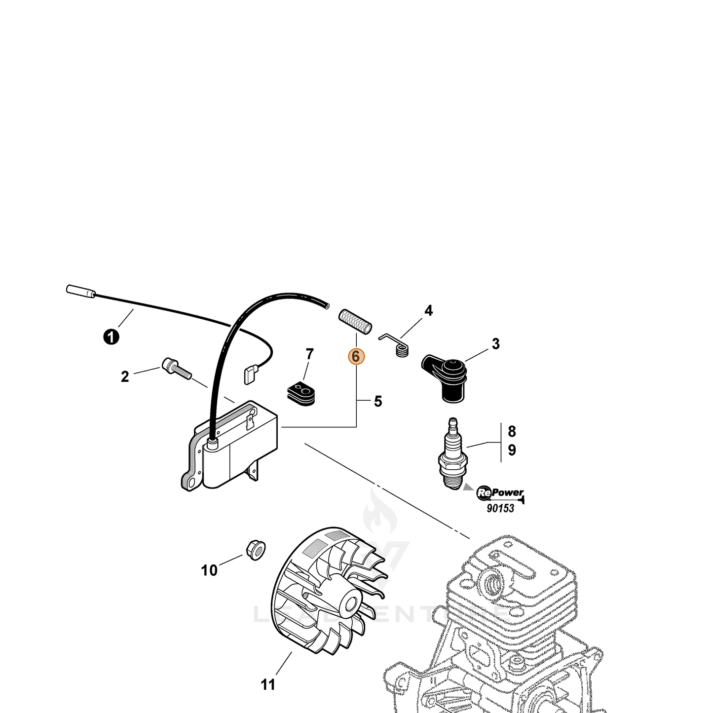 ECHO part V475002200 — IPL diagram snippet (6x zoom, amber highlight)