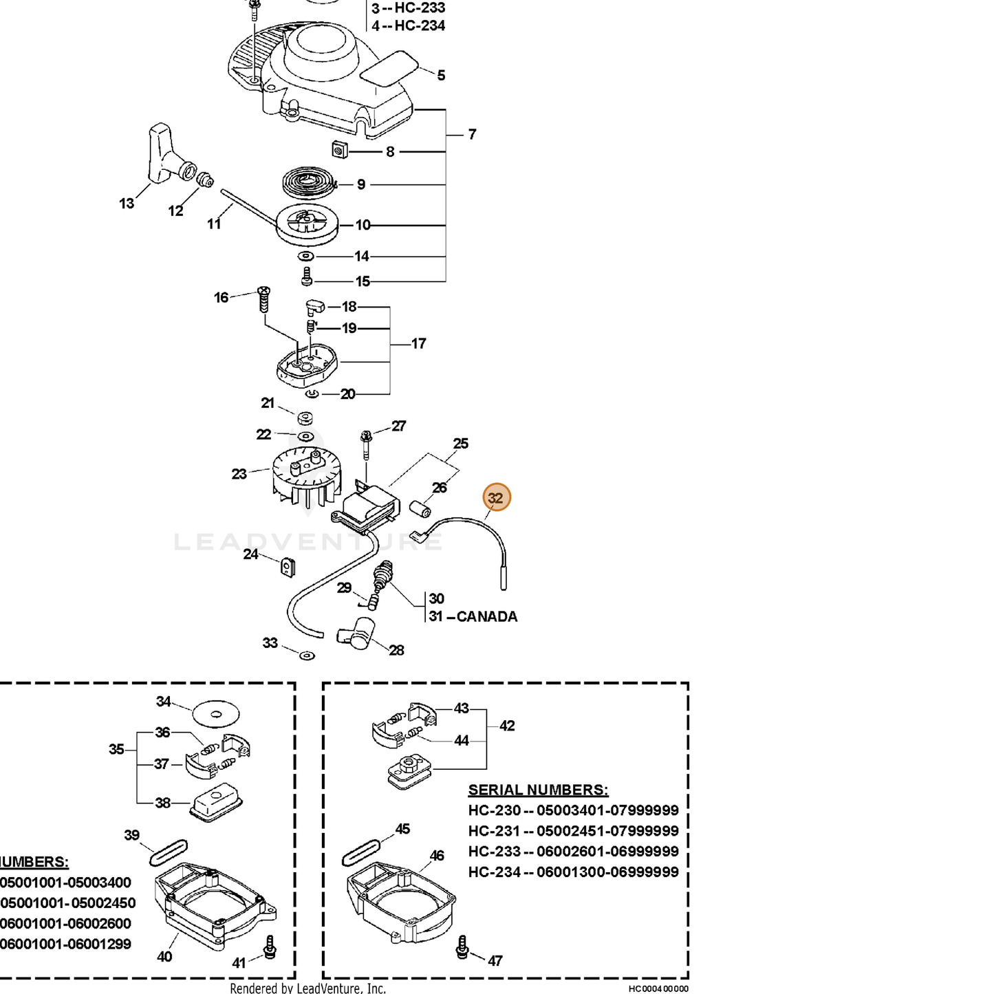 ECHO part V485000220 — IPL diagram snippet (6x zoom, amber highlight)