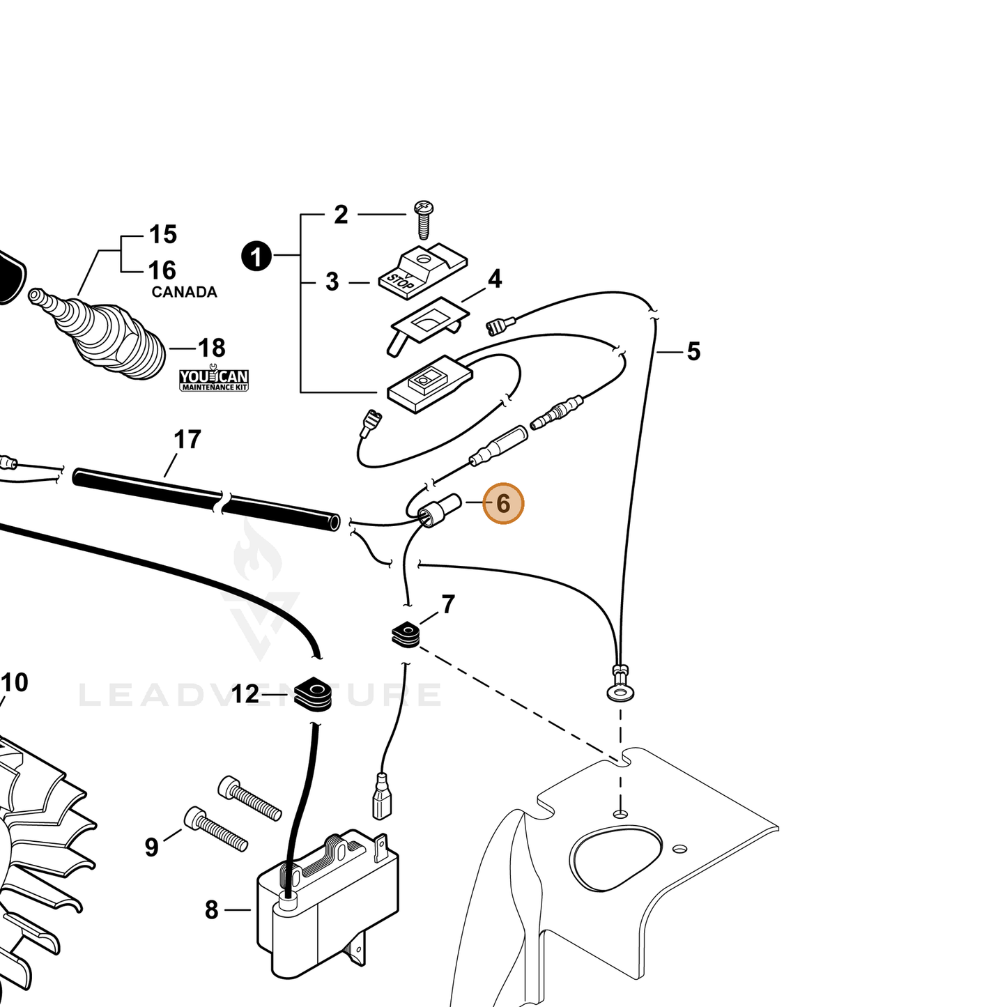 ECHO part V485002210 — IPL diagram snippet (6x zoom, amber highlight)