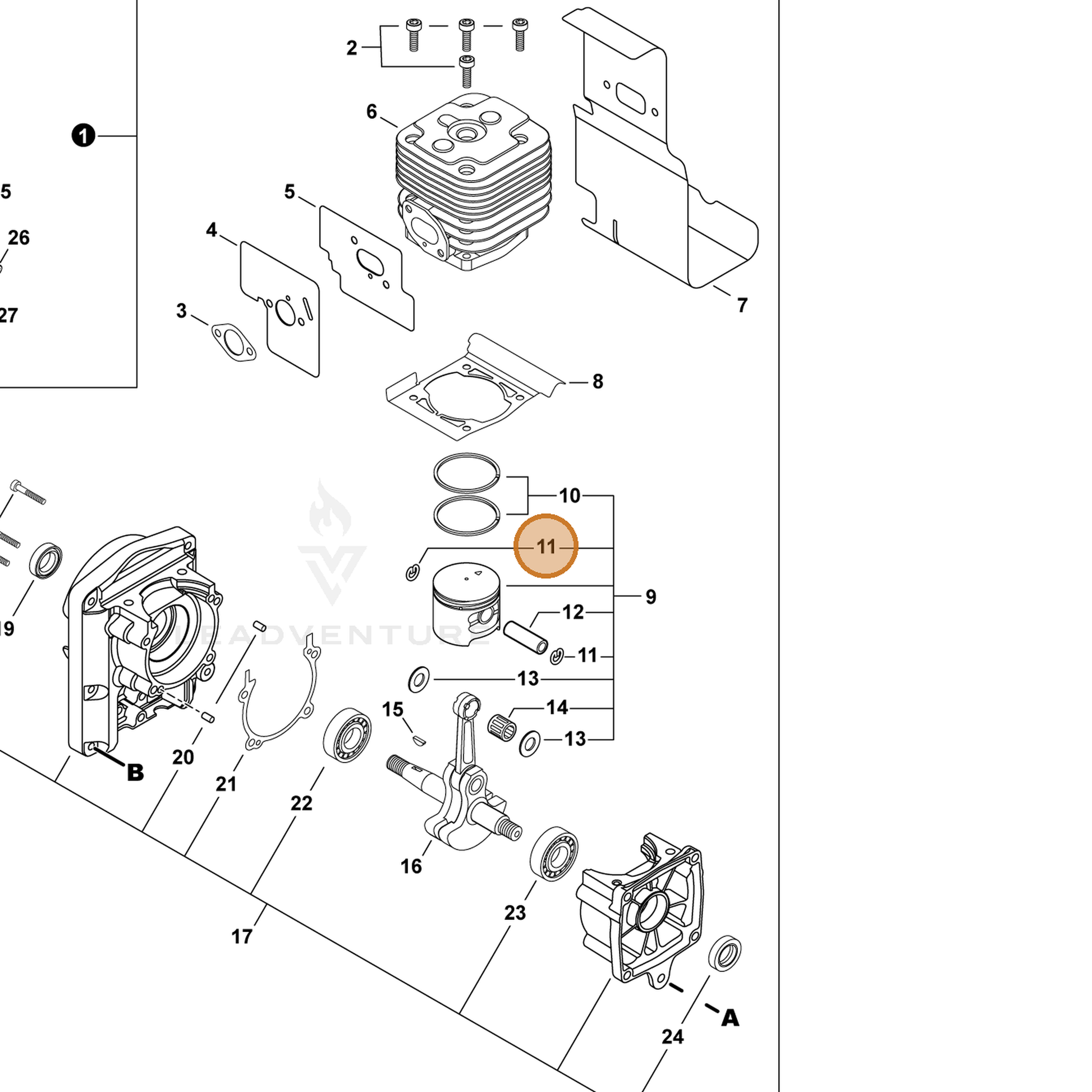 ECHO part V580000010 — IPL diagram snippet (6x zoom, amber highlight)