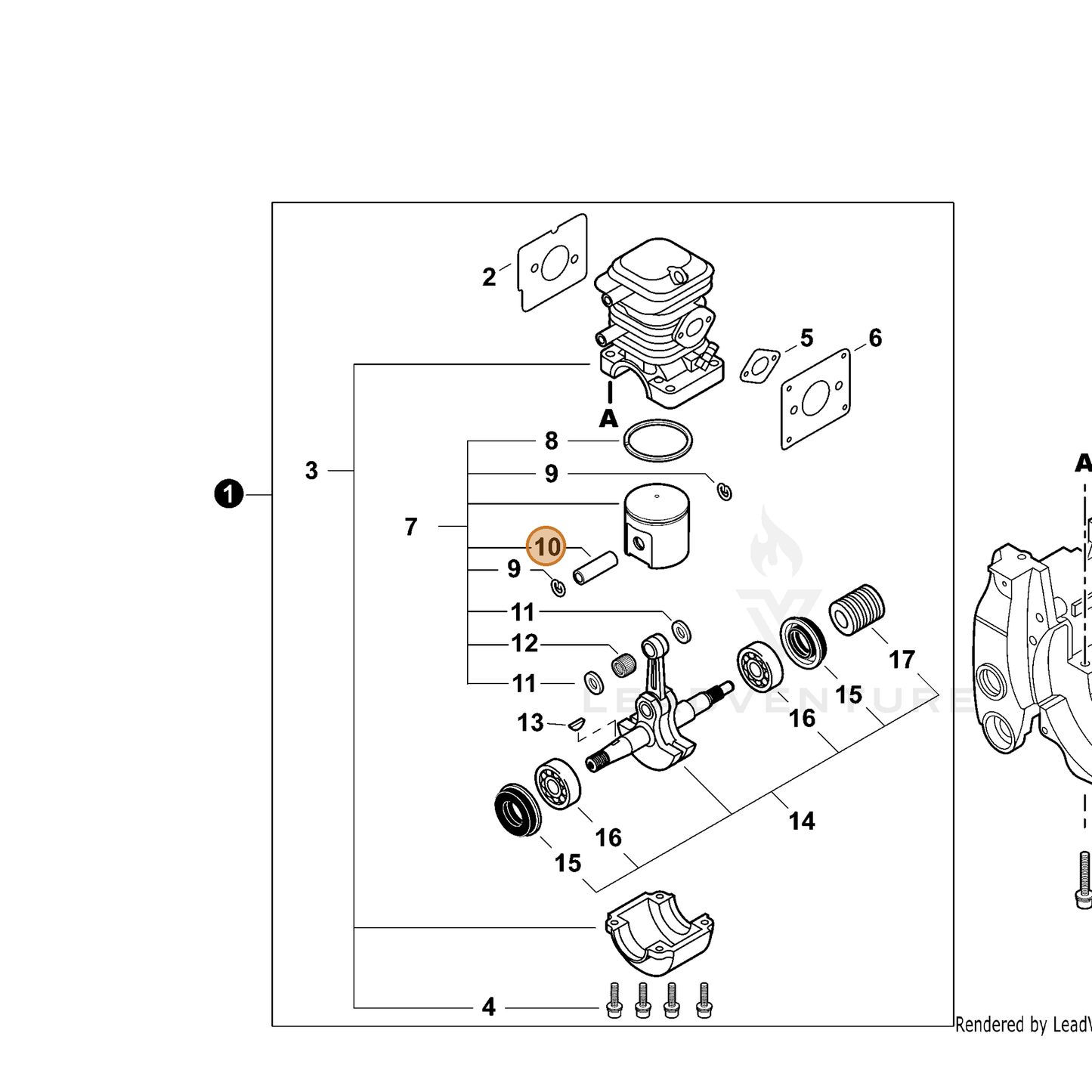 ECHO part V607000000 — IPL diagram snippet (6x zoom, amber highlight)