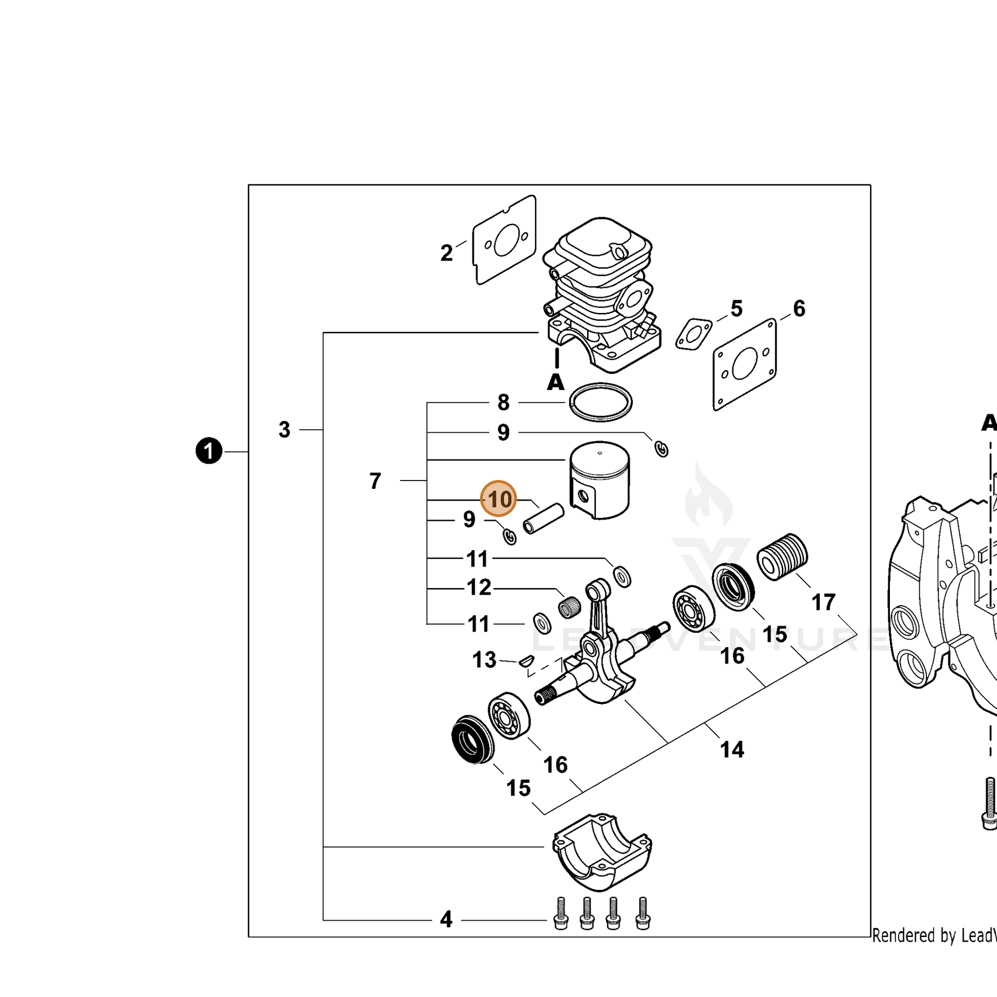 ECHO part V607000000 — IPL diagram snippet (6x zoom, amber highlight)