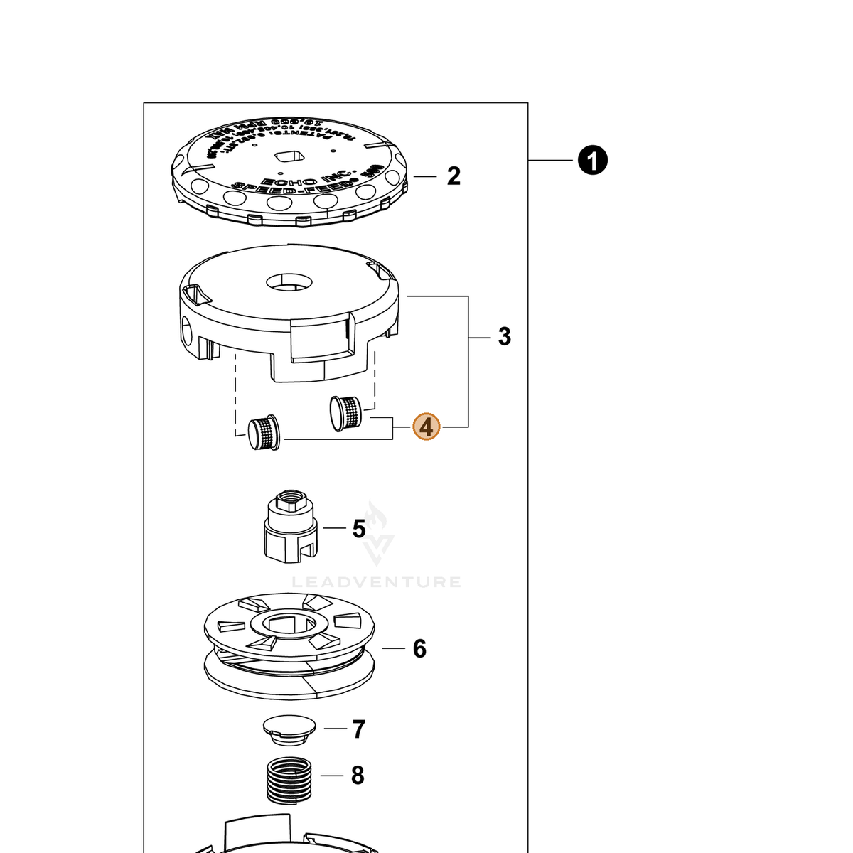 Echo part X475000150 — IPL diagram snippet (6x zoom, amber highlight)