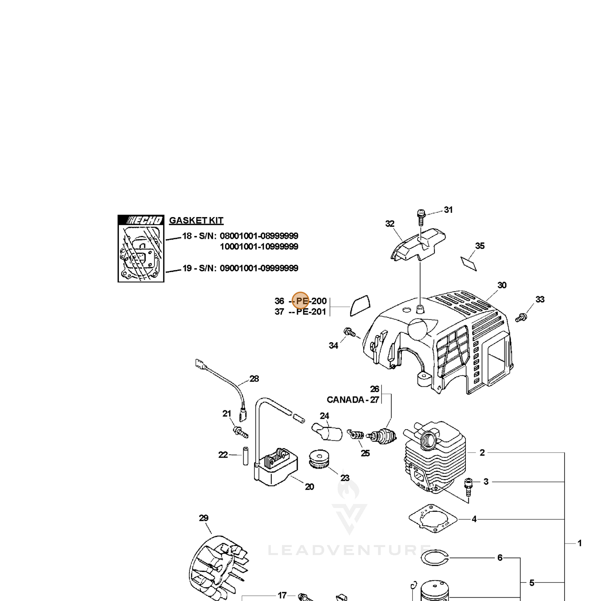 ECHO part X543000200 — IPL diagram snippet (6x zoom, amber highlight)