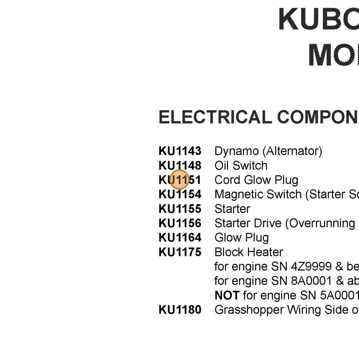 Grasshopper part KU1151 — IPL diagram snippet (6x zoom, amber highlight)