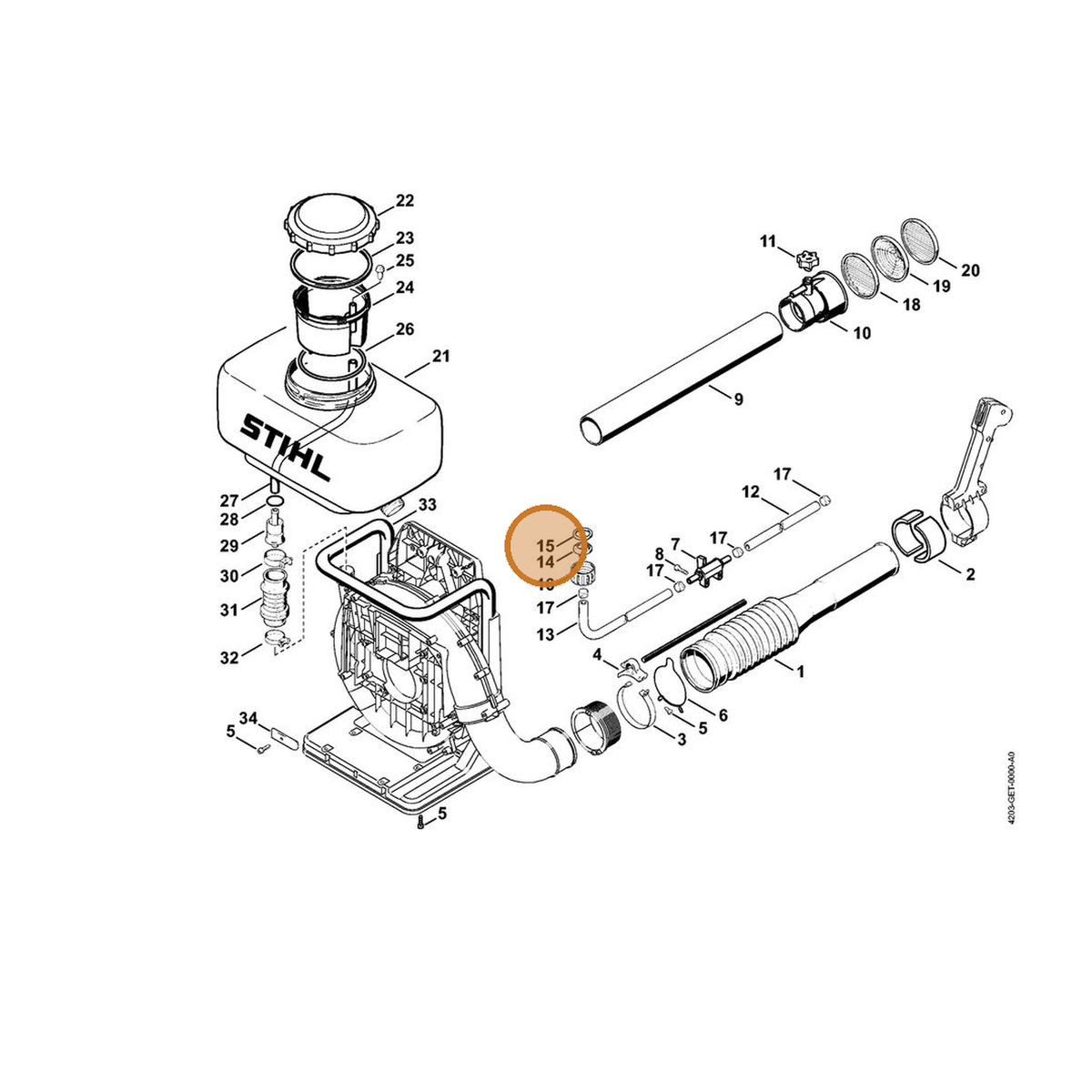 STIHL part 0000-359-1205 — IPL diagram snippet (6x zoom, amber highlight)
