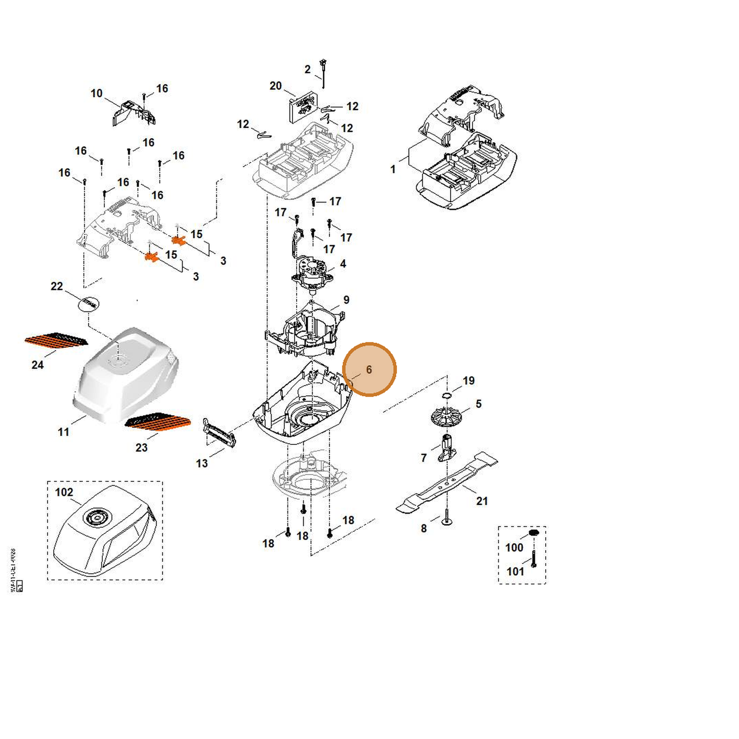 STIHL part 0000-701-1001 — IPL diagram snippet (6x zoom, amber highlight)