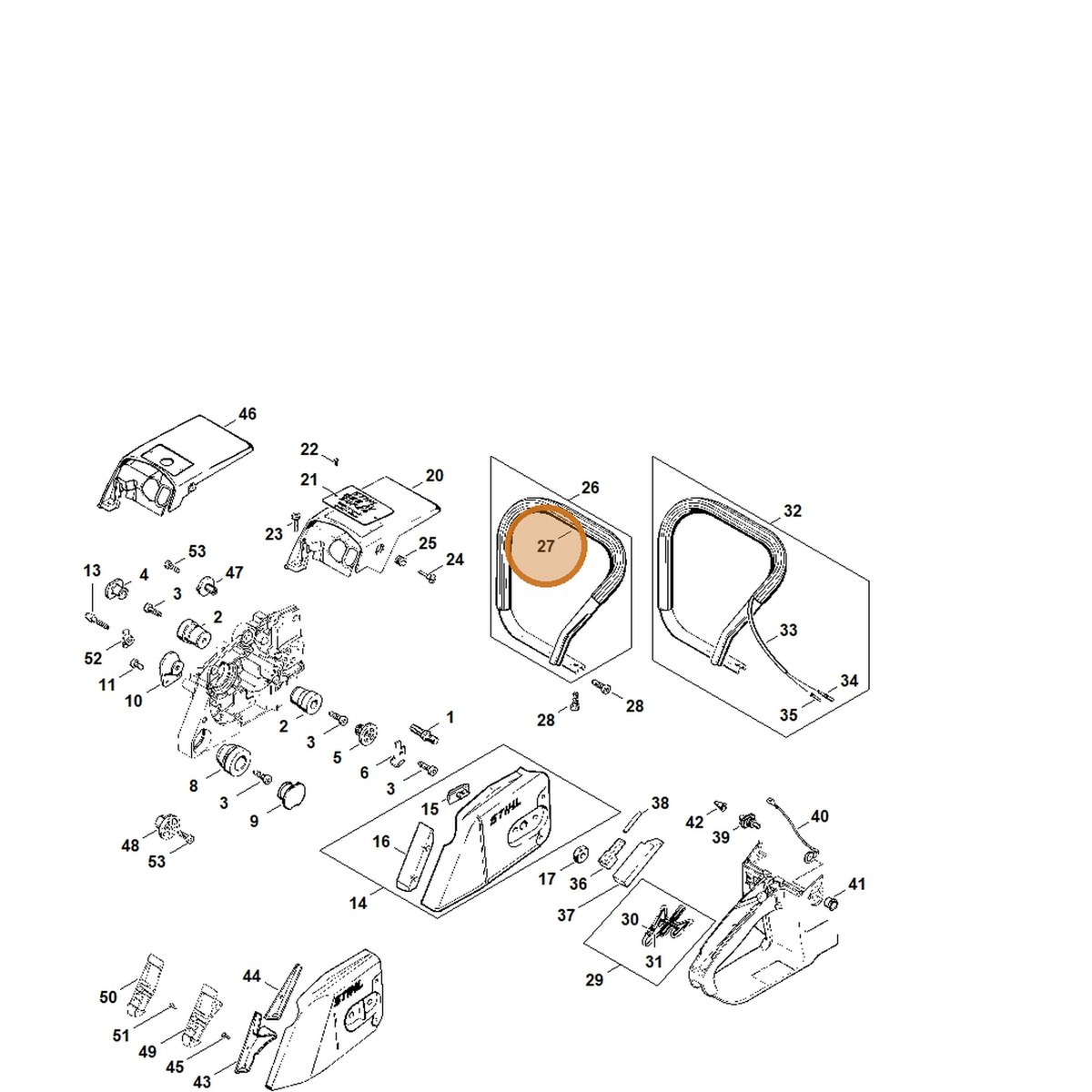 STIHL part 0000-791-2009 — IPL diagram snippet (6x zoom, amber highlight)