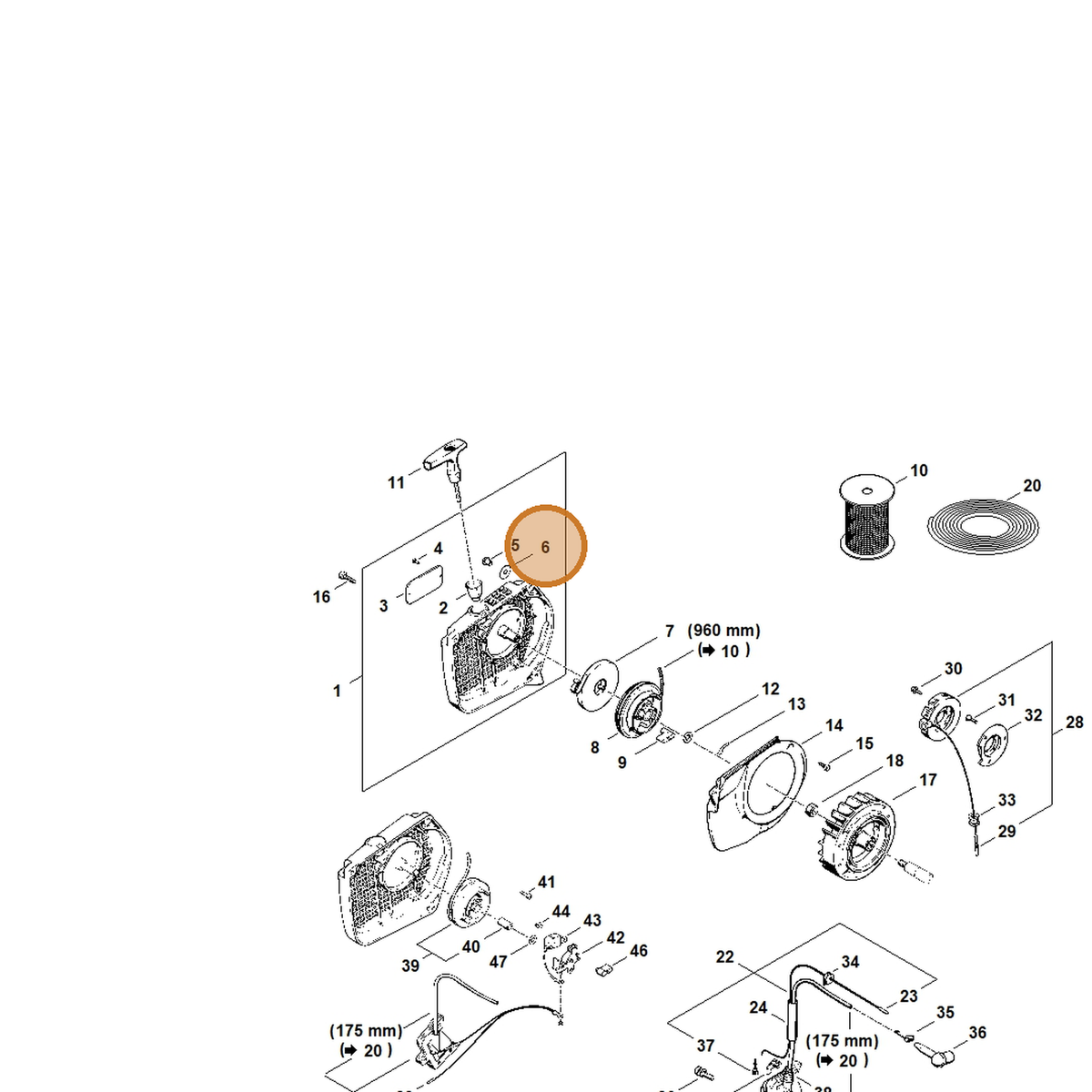 STIHL part 0000-958-0607 — IPL diagram snippet (6x zoom, amber highlight)
