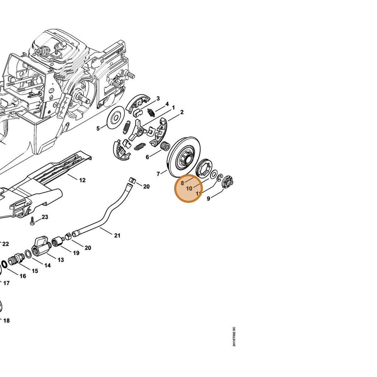 STIHL part 0000-958-1025 — IPL diagram snippet (6x zoom, amber highlight)