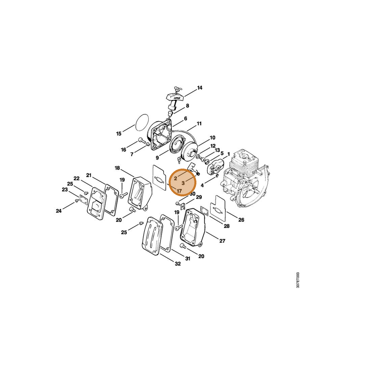 STIHL part 0000-998-0607 — IPL diagram snippet (6x zoom, amber highlight)