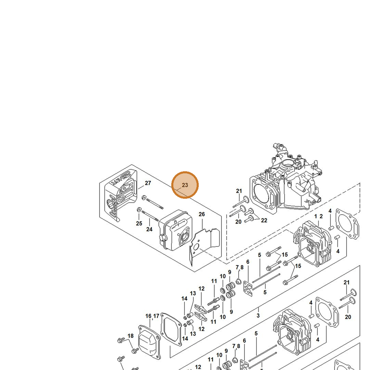 STIHL part 0002-007-1025 — IPL diagram snippet (6x zoom, amber highlight)