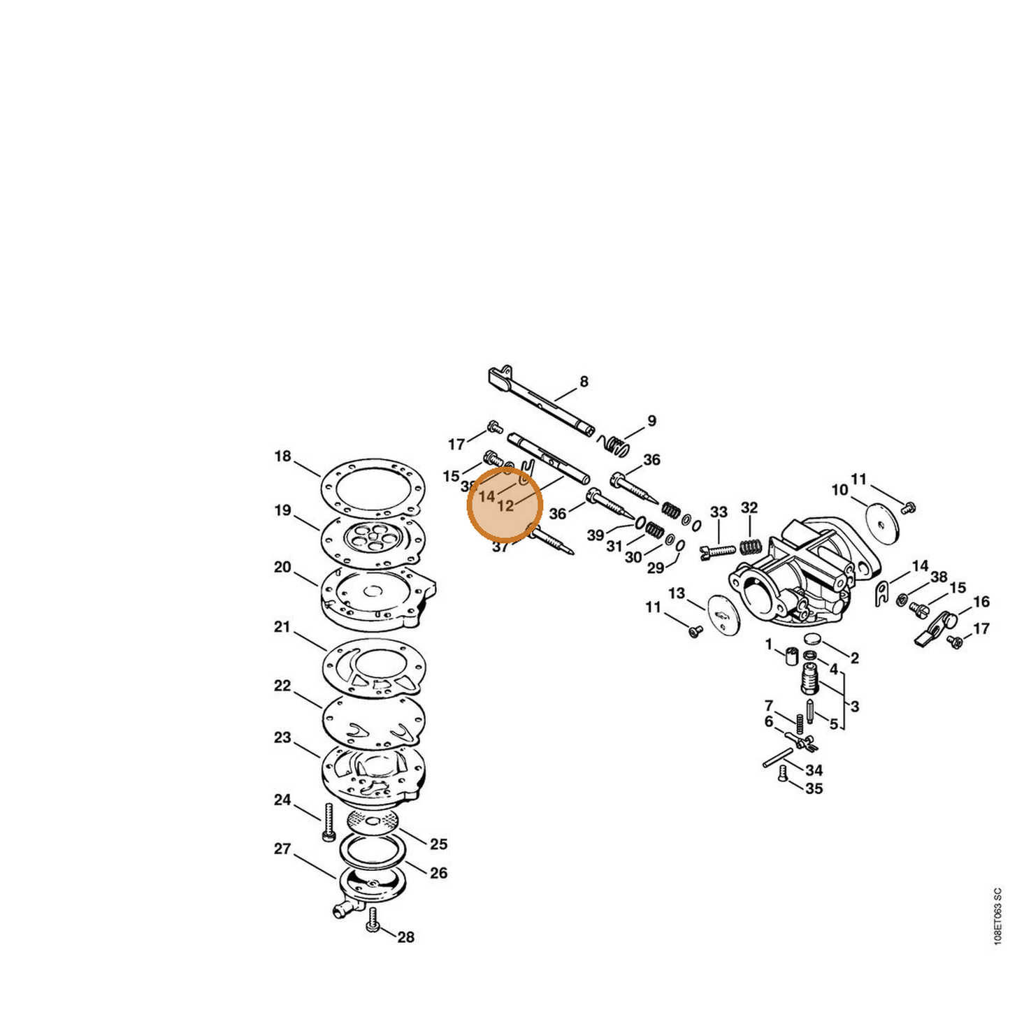 STIHL part 1108-121-3000 — IPL diagram snippet (6x zoom, amber highlight)