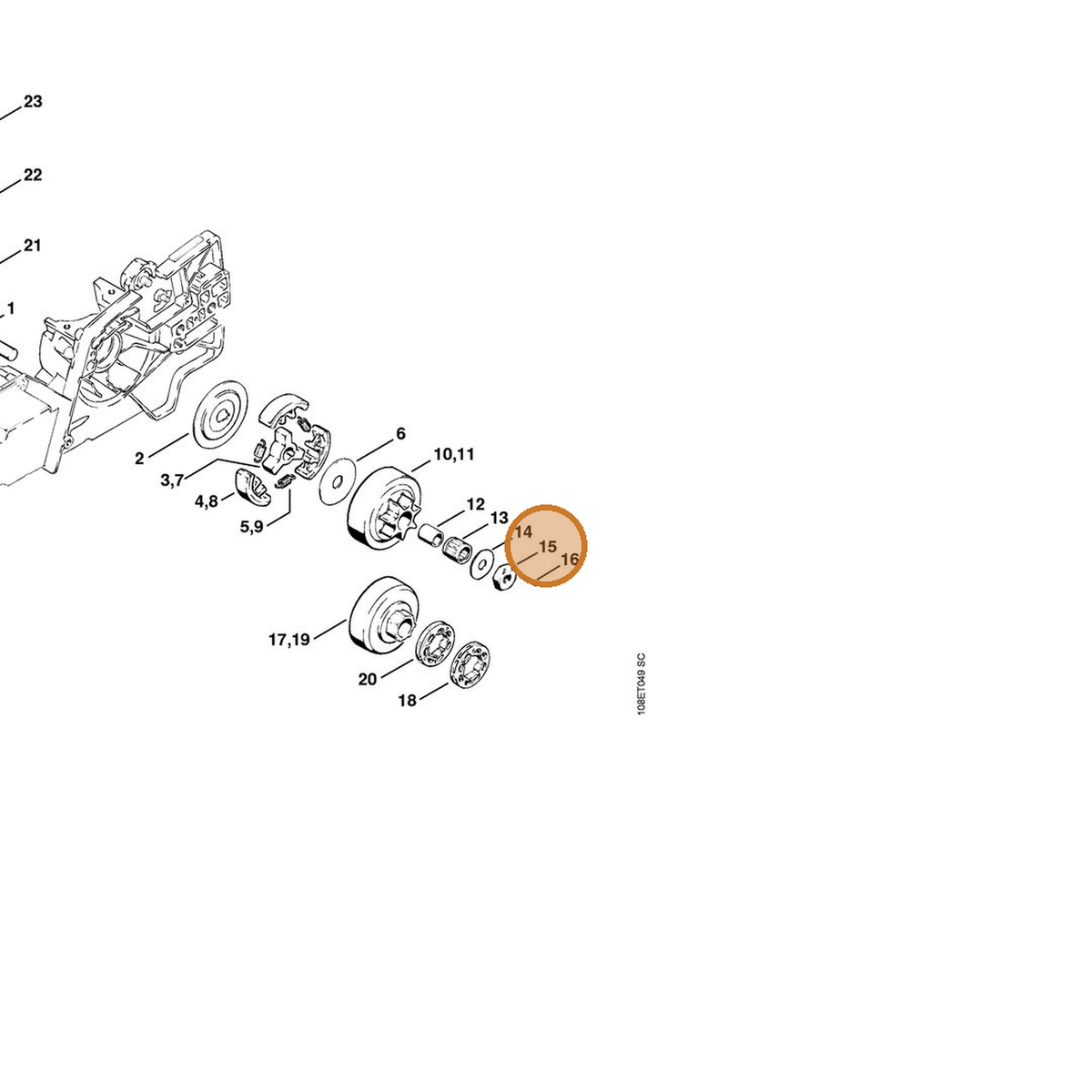 STIHL part 1108-647-7400 — IPL diagram snippet (6x zoom, amber highlight)