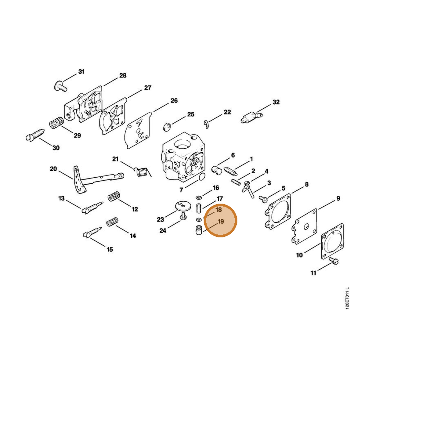 STIHL part 1120-121-5801 — IPL diagram snippet (6x zoom, amber highlight)