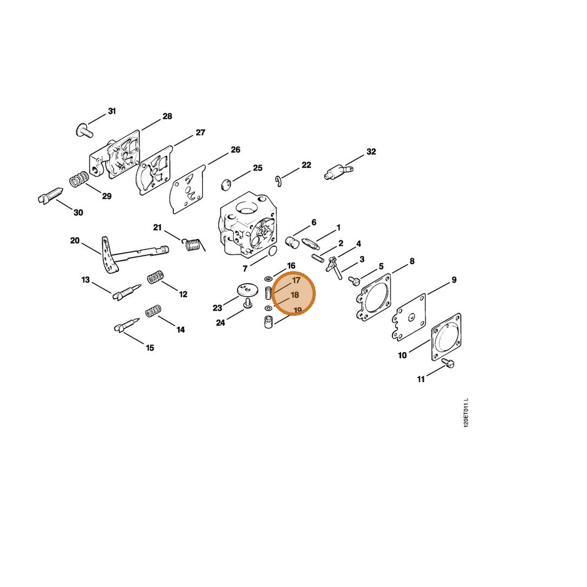 STIHL part 1120-122-3600 — IPL diagram snippet (6x zoom, amber highlight)