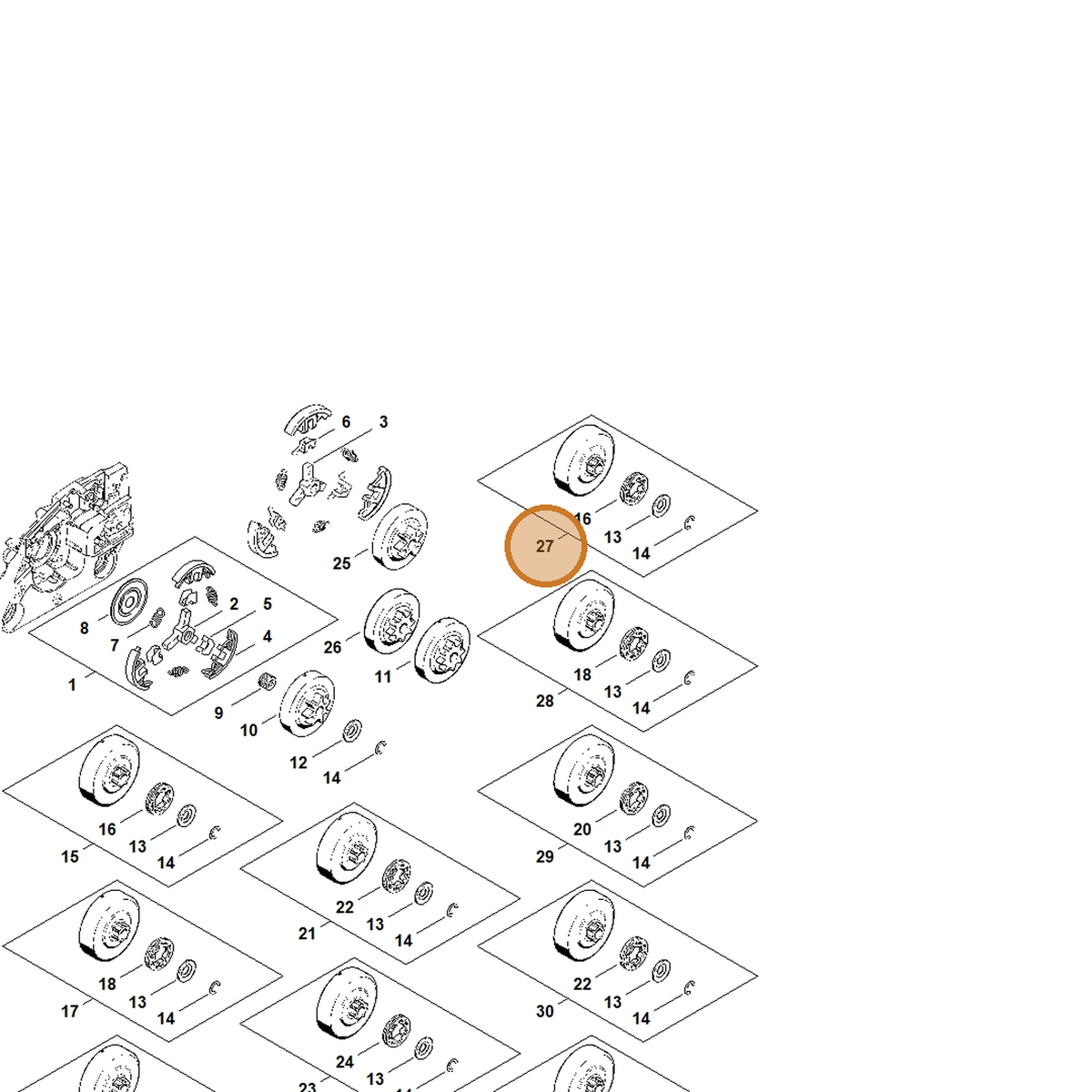 STIHL part 1121-007-1001 — IPL diagram snippet (6x zoom, amber highlight)