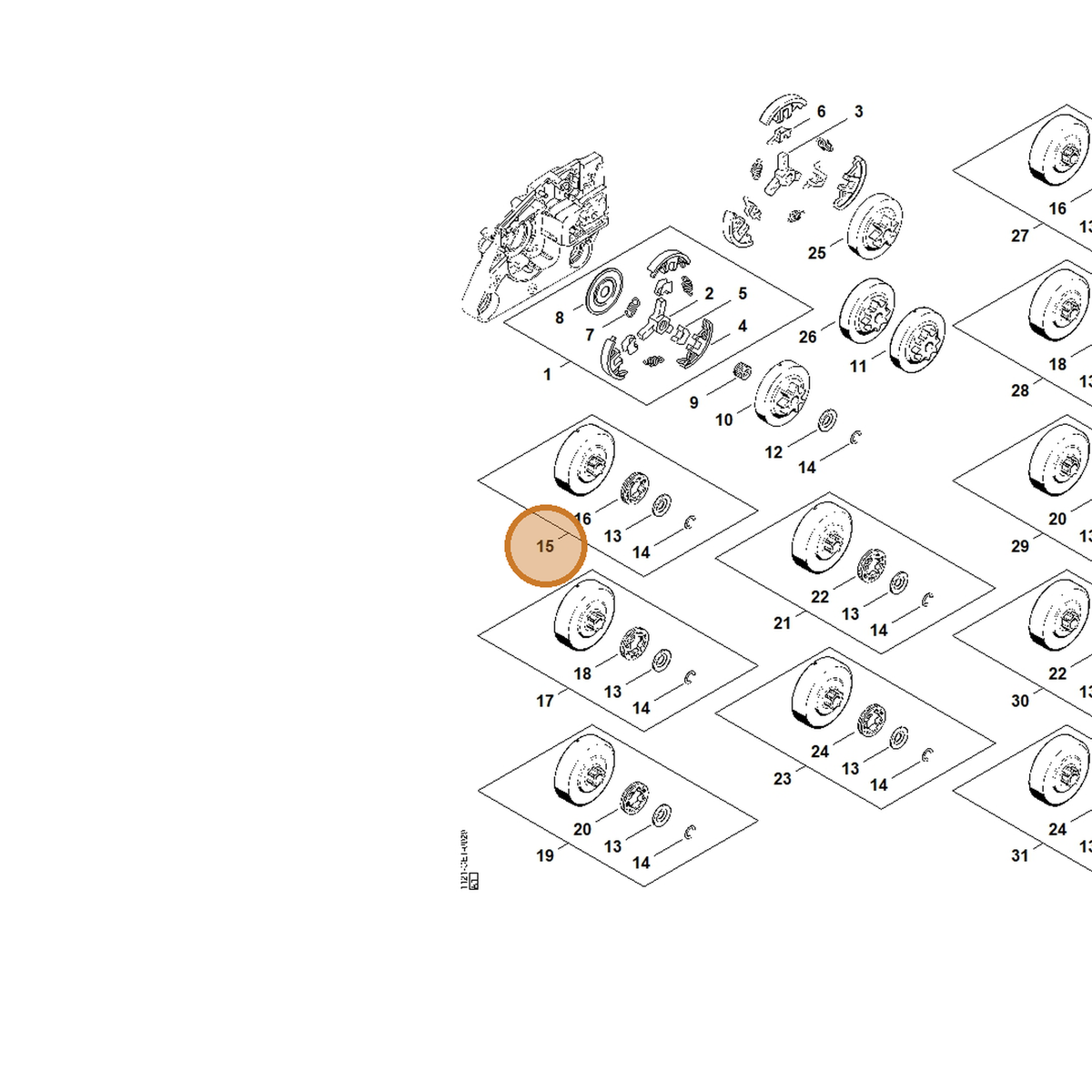 STIHL part 1121-007-1037 — IPL diagram snippet (6x zoom, amber highlight)