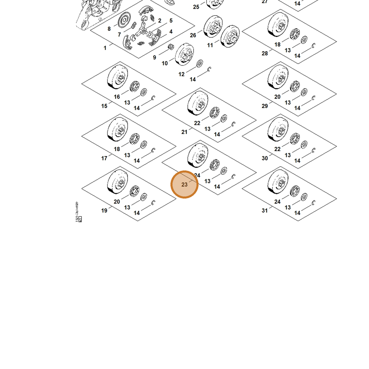 STIHL part 1121-007-1041 — IPL diagram snippet (6x zoom, amber highlight)
